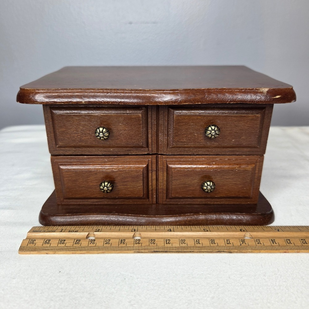 Vintage Wooden Jewelry Box Mirror Mini Dresser 4 Drawer Look Brown Pink Lining